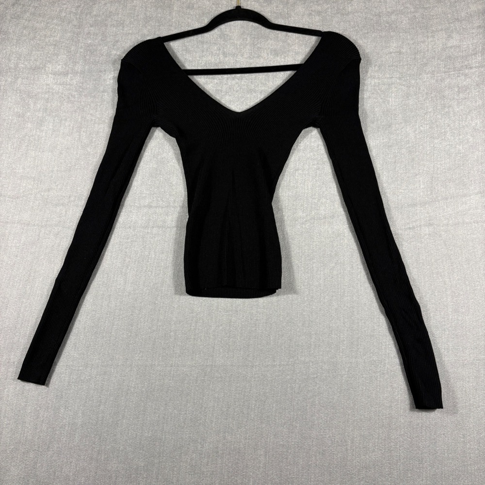 HM Womens Black Ribbed V Neck Long Sleeve Knit Top Size 2 P/N 0459515 4